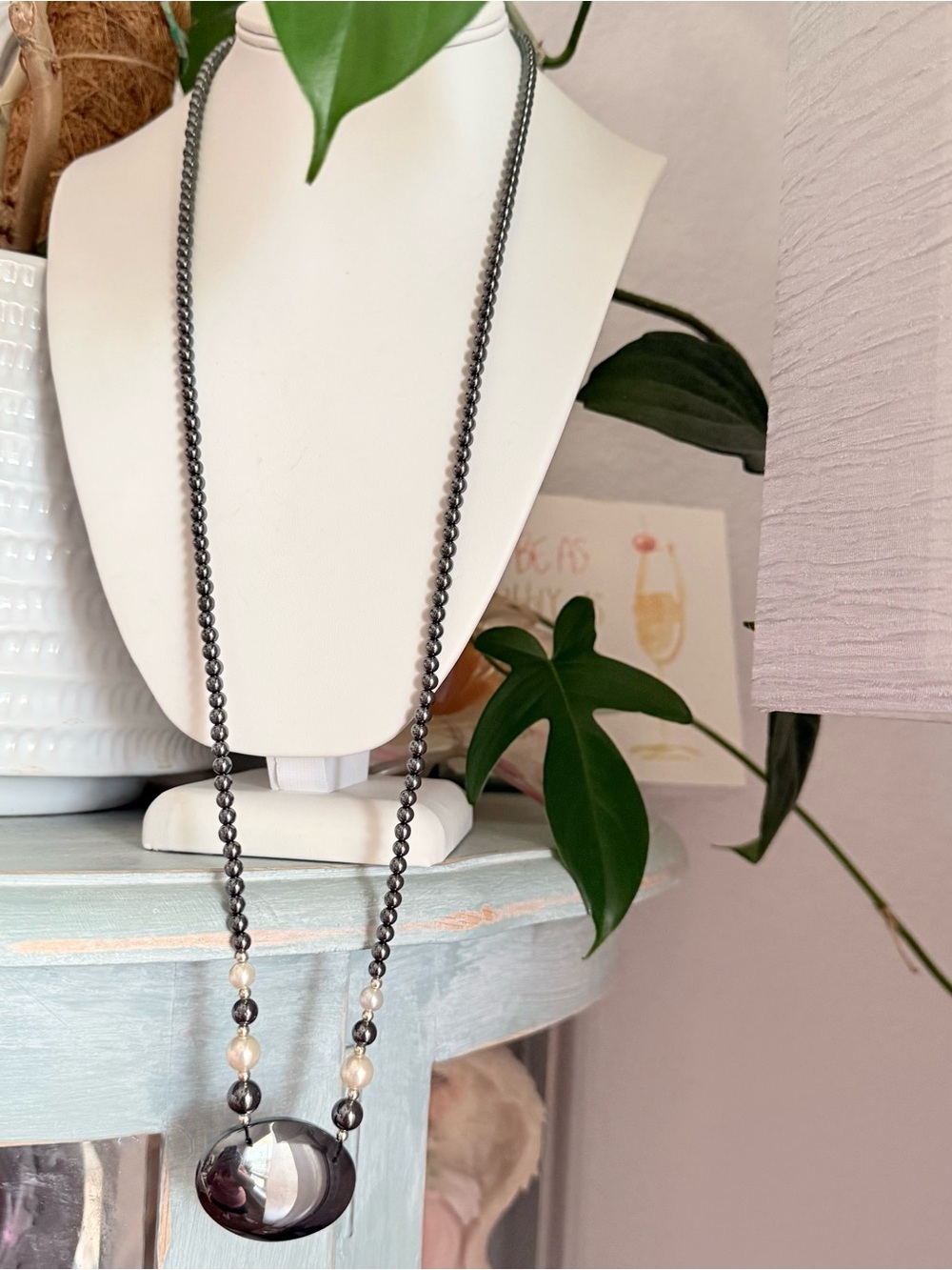 Hematite Beaded Long Pendant Necklace